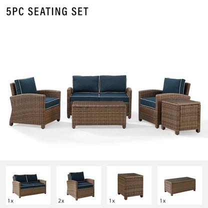 5Pc Outdoor Loveseat Furniture Set, Side Table, Coffee Table, 2 Armchairs