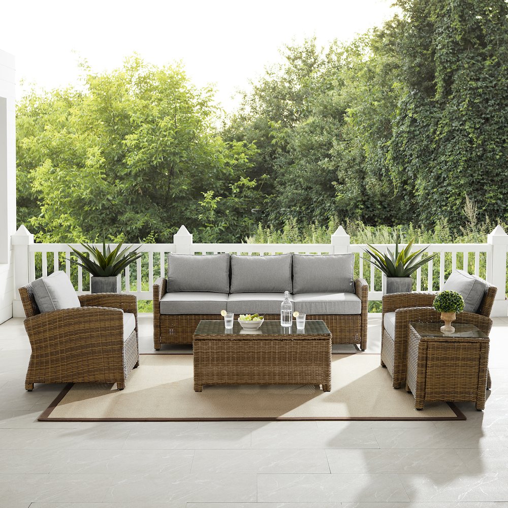 5Pc Outdoor Sofa Furniture Set, Sofa, Side Table, Coffee Table, & 2 Armchairs