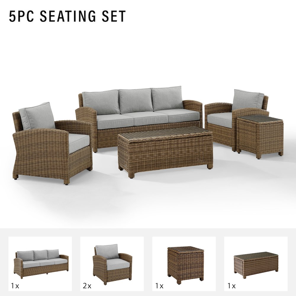 5Pc Outdoor Sofa Furniture Set, Sofa, Side Table, Coffee Table, & 2 Armchairs