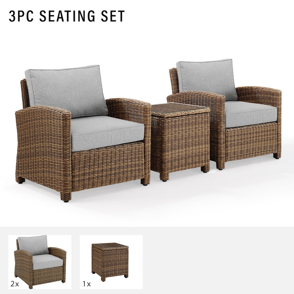 Bradenton 3Pc Wicker Outdoor Chair Set - Side Table & 2 Armchairs