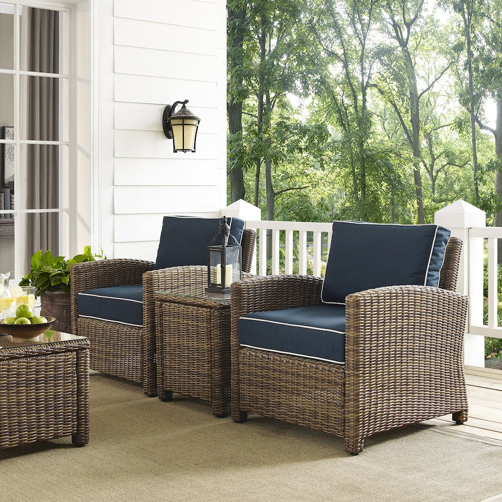 Bradenton 3Pc Wicker Outdoor Chair Set - Side Table & 2 Armchairs