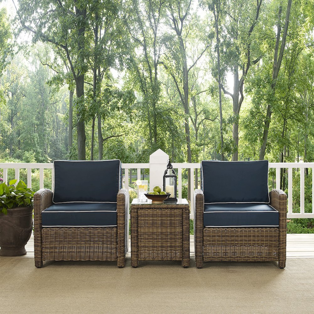 Bradenton 3Pc Wicker Outdoor Chair Set - Side Table & 2 Armchairs