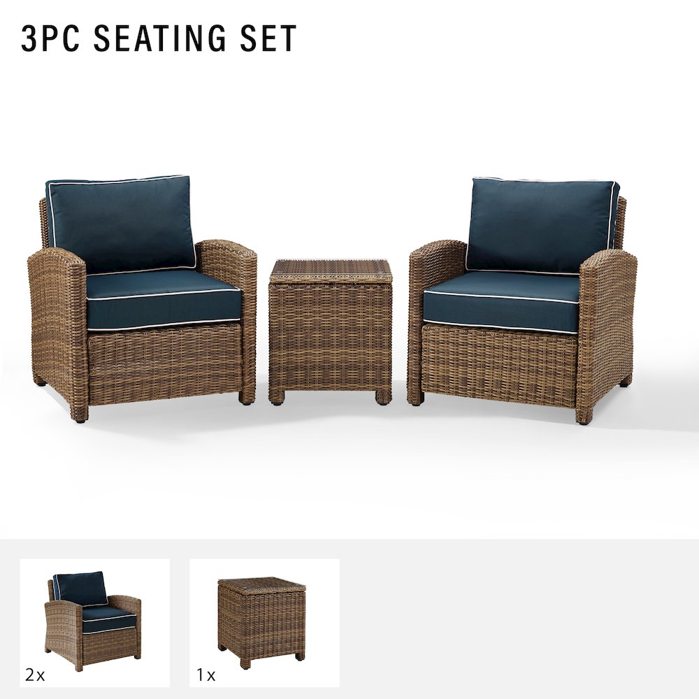 Bradenton 3Pc Wicker Outdoor Chair Set - Side Table & 2 Armchairs