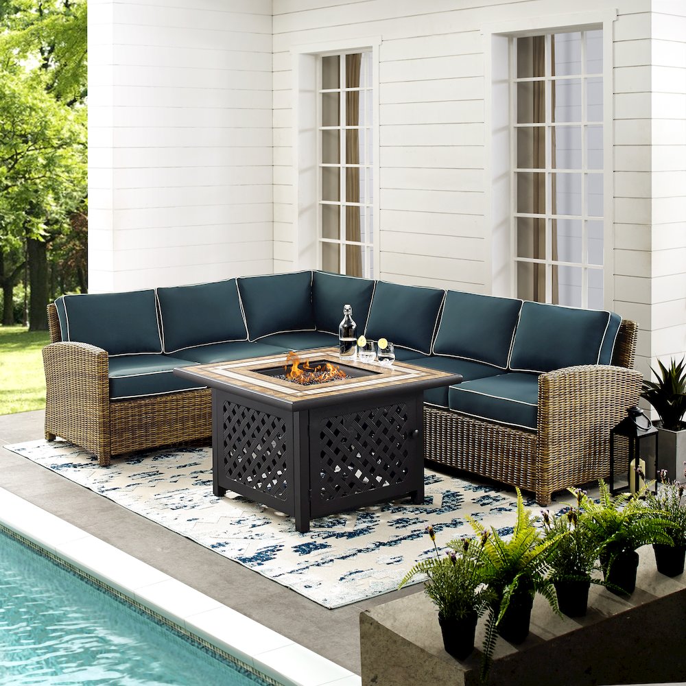5Pc Outdoor Sectional Set W/ Fire Table, Right&Left Loveseat,Corner&Center Chair