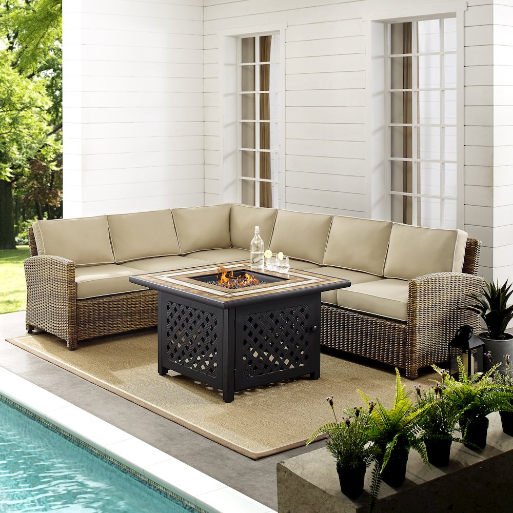 5Pc Outdoor Sectional Set W/ Fire Table, Right&Left Loveseat,Corner&Center Chair