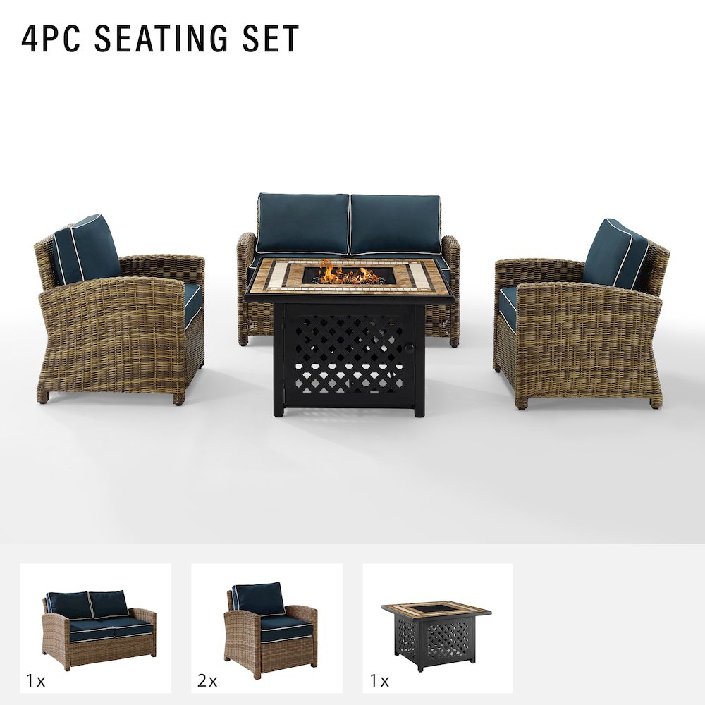 4Pc Outdoor Loveseat Set W/ Fire Table, Loveseat, 2 Arm Chairs