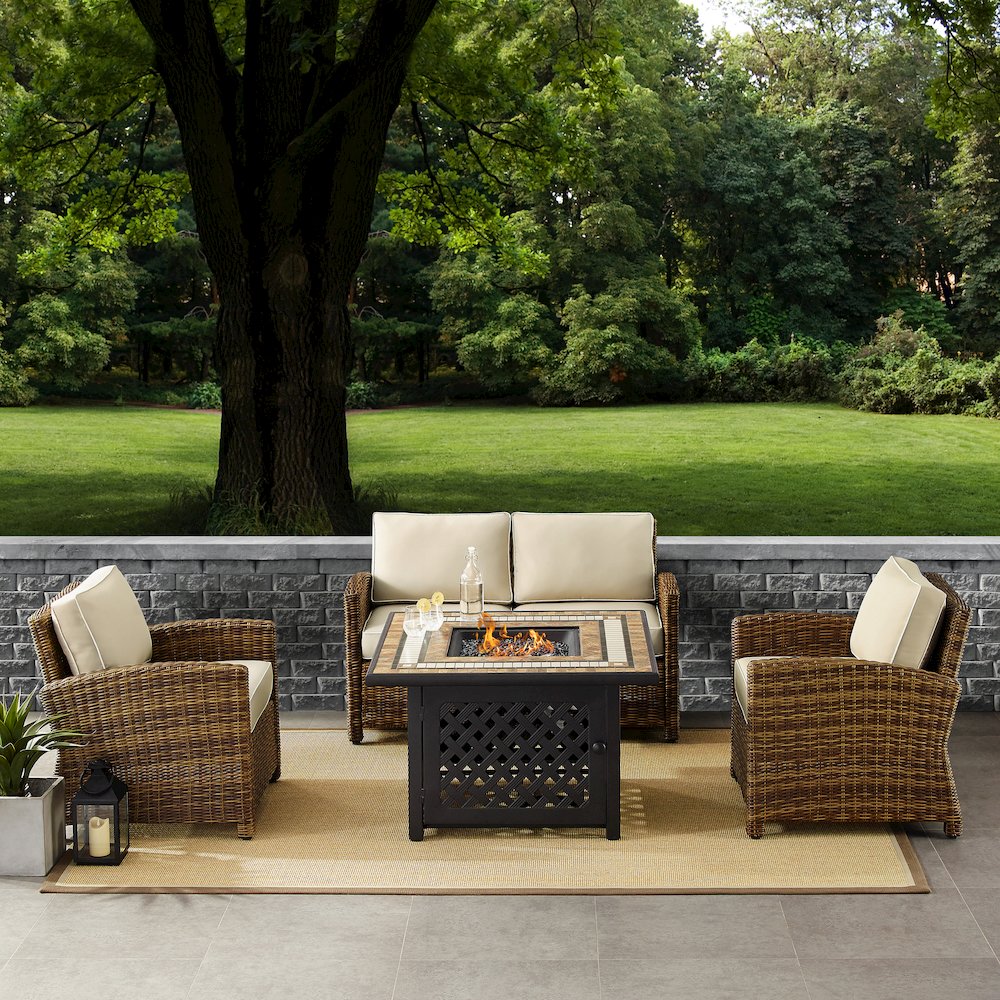 4Pc Outdoor Loveseat Set W/ Fire Table, Loveseat, 2 Arm Chairs