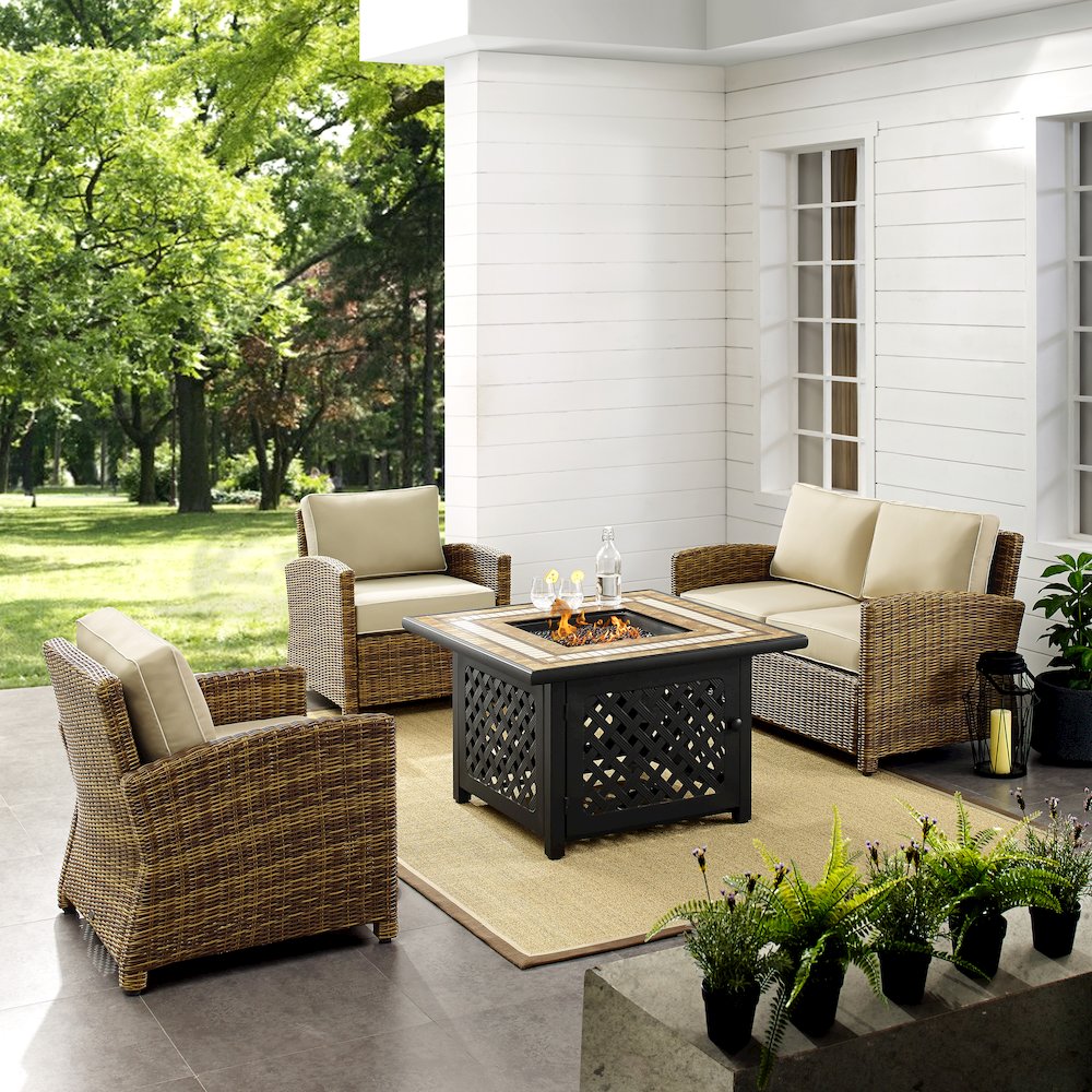 4Pc Outdoor Loveseat Set W/ Fire Table, Loveseat, 2 Arm Chairs