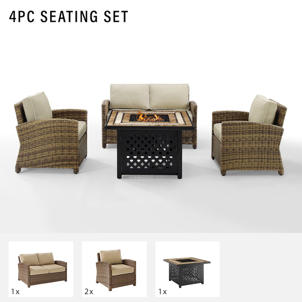 4Pc Outdoor Loveseat Set W/ Fire Table, Loveseat, 2 Arm Chairs