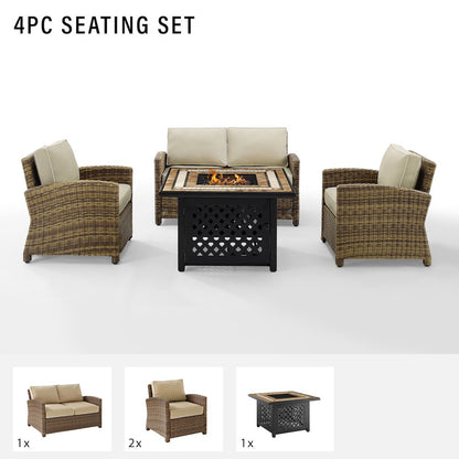 4Pc Outdoor Loveseat Set W/ Fire Table, Loveseat, 2 Arm Chairs