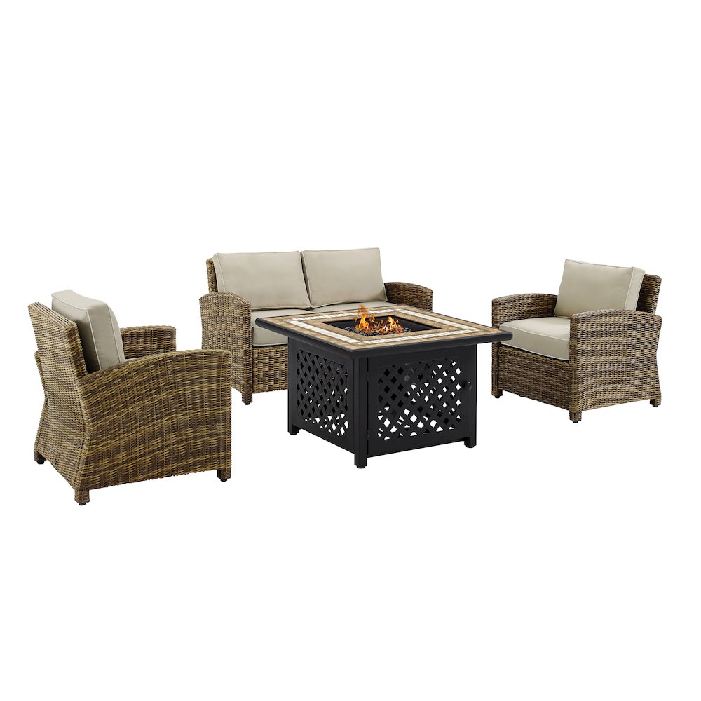 4Pc Outdoor Loveseat Set W/ Fire Table, Loveseat, 2 Arm Chairs
