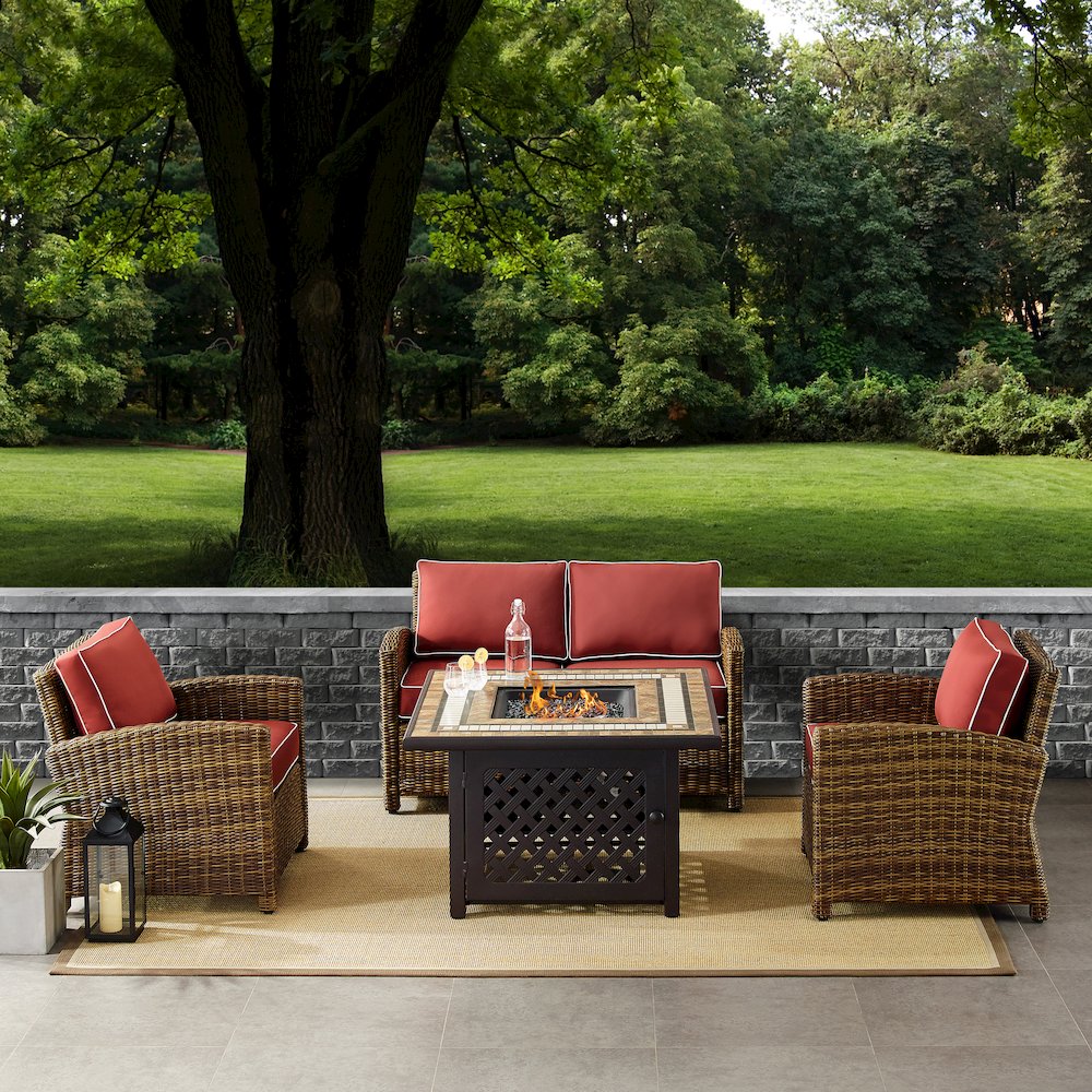 4Pc Outdoor Loveseat Set W/ Fire Table, Loveseat, 2 Arm Chairs