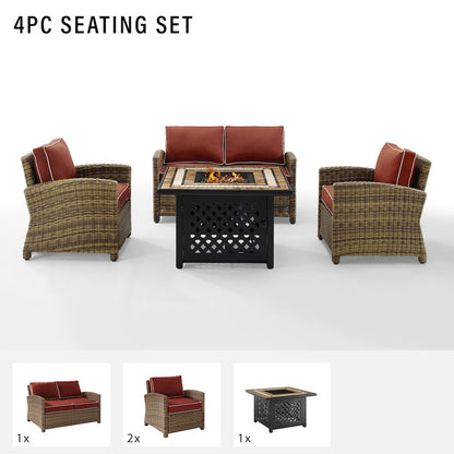 4Pc Outdoor Loveseat Set W/ Fire Table, Loveseat, 2 Arm Chairs