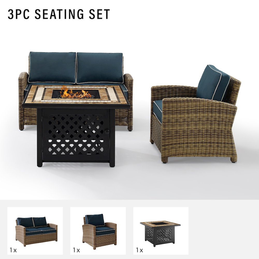 3Pc Outdoor Loveseat Set W/ Fire Table, Loveseat, Armchair, & Tucson Fire Table