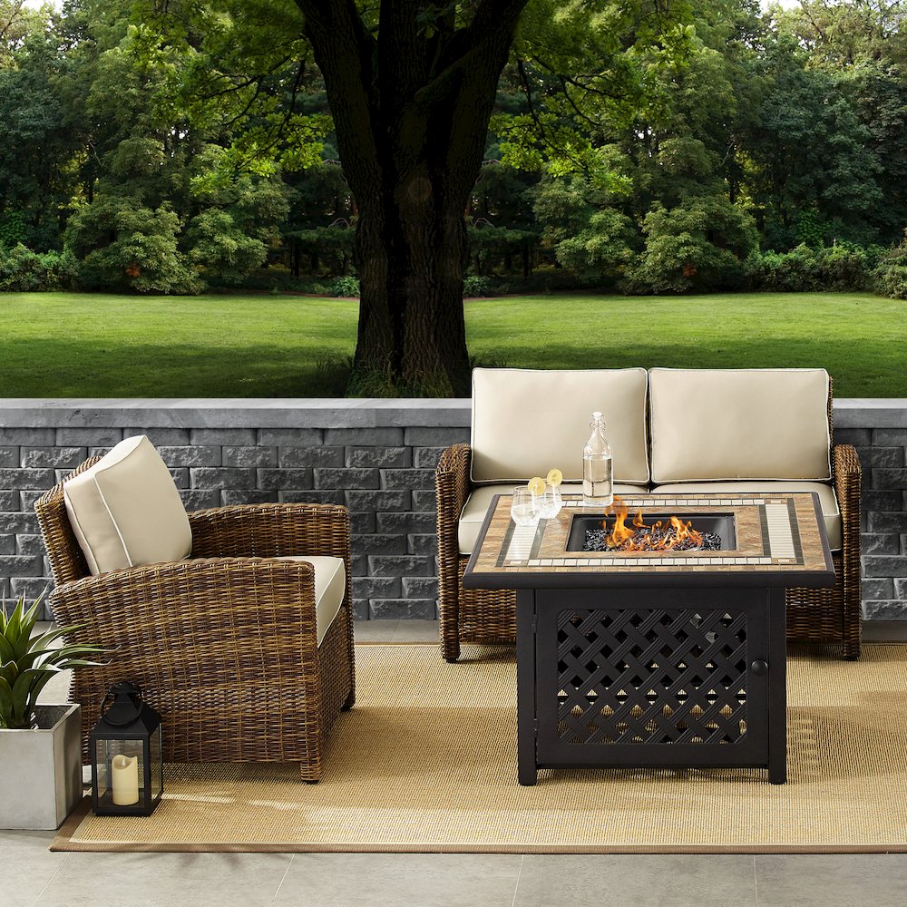 3Pc Outdoor Loveseat Set W/ Fire Table, Loveseat, Armchair, & Tucson Fire Table