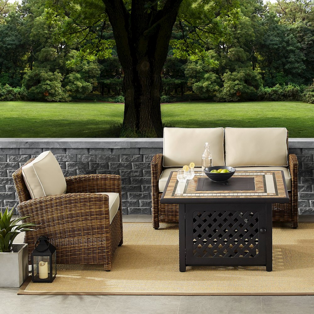 3Pc Outdoor Loveseat Set W/ Fire Table, Loveseat, Armchair, & Tucson Fire Table