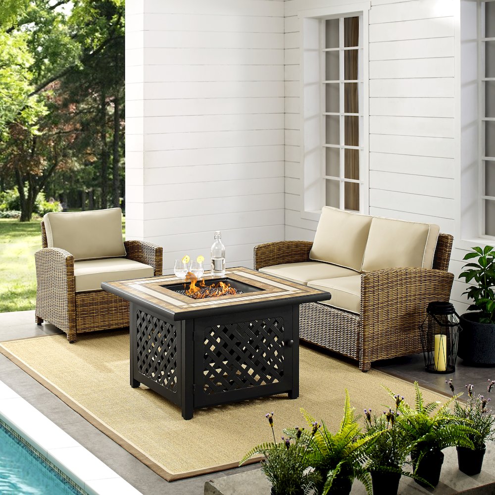 3Pc Outdoor Loveseat Set W/ Fire Table, Loveseat, Armchair, & Tucson Fire Table