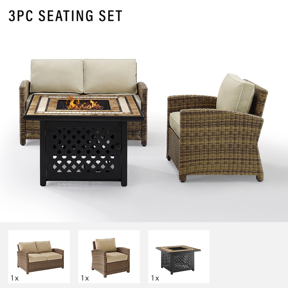 3Pc Outdoor Loveseat Set W/ Fire Table, Loveseat, Armchair, & Tucson Fire Table