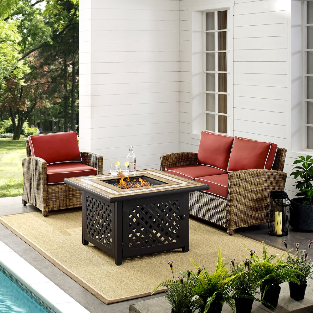 3Pc Outdoor Loveseat Set W/ Fire Table, Loveseat, Armchair, & Tucson Fire Table