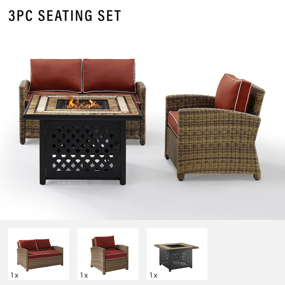 3Pc Outdoor Loveseat Set W/ Fire Table, Loveseat, Armchair, & Tucson Fire Table