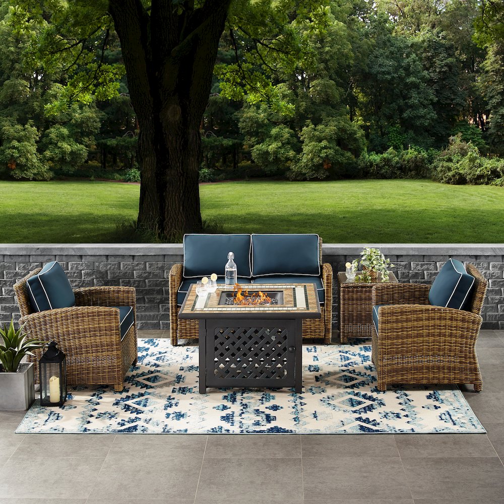 5Pc Outdoor Loveseat Set W/ Fire Table, Loveseat, Side Table, 2 Armchairs