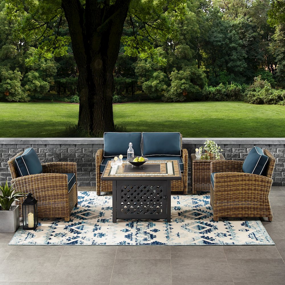 5Pc Outdoor Loveseat Set W/ Fire Table, Loveseat, Side Table, 2 Armchairs