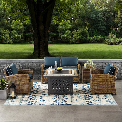 5Pc Outdoor Loveseat Set W/ Fire Table, Loveseat, Side Table, 2 Armchairs