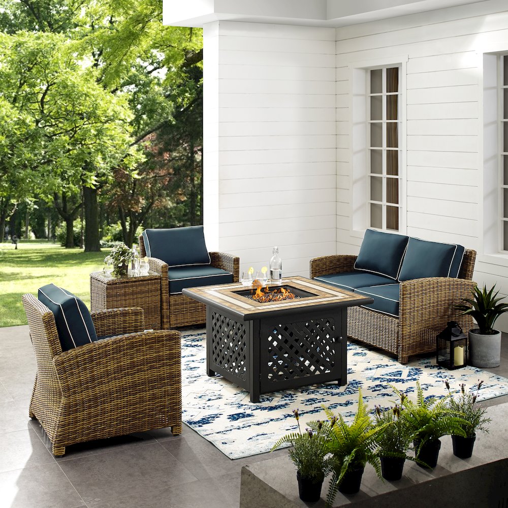 5Pc Outdoor Loveseat Set W/ Fire Table, Loveseat, Side Table, 2 Armchairs