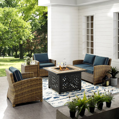 5Pc Outdoor Loveseat Set W/ Fire Table, Loveseat, Side Table, 2 Armchairs
