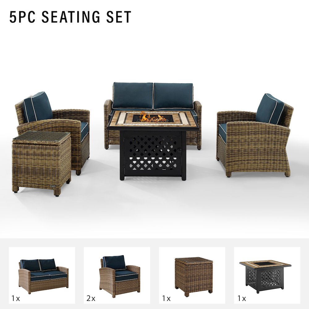5Pc Outdoor Loveseat Set W/ Fire Table, Loveseat, Side Table, 2 Armchairs