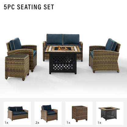 5Pc Outdoor Loveseat Set W/ Fire Table, Loveseat, Side Table, 2 Armchairs