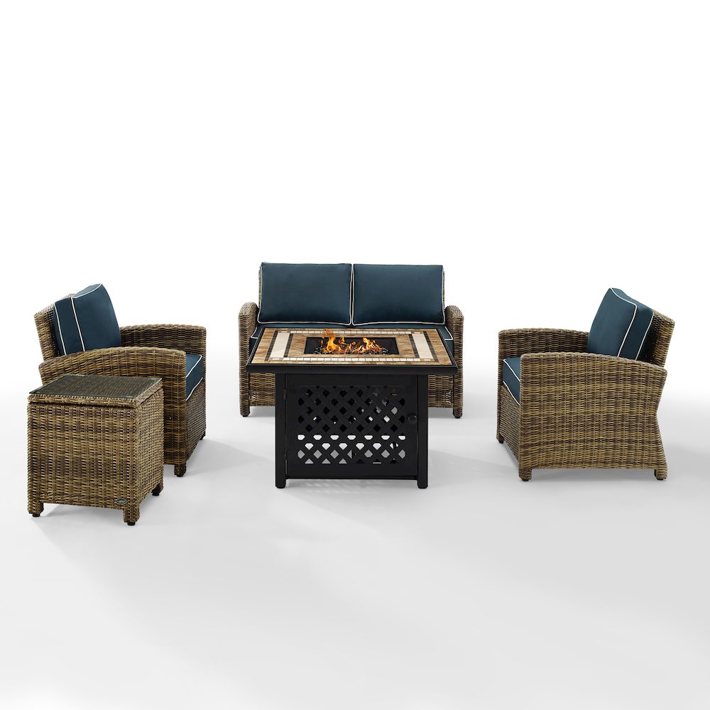 5Pc Outdoor Loveseat Set W/ Fire Table, Loveseat, Side Table, 2 Armchairs