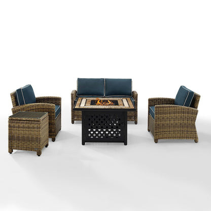5Pc Outdoor Loveseat Set W/ Fire Table, Loveseat, Side Table, 2 Armchairs