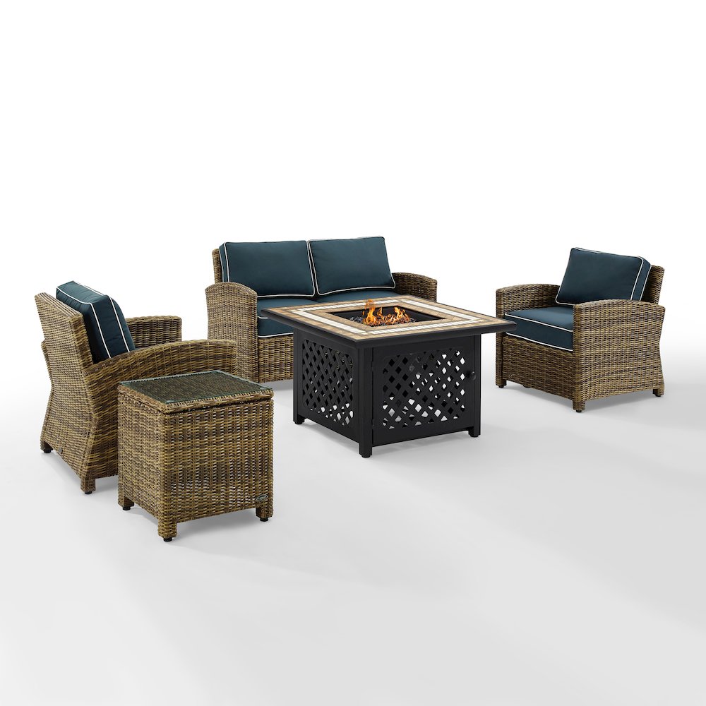 5Pc Outdoor Loveseat Set W/ Fire Table, Loveseat, Side Table, 2 Armchairs