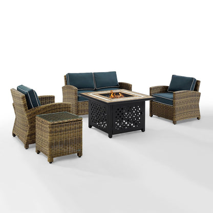 5Pc Outdoor Loveseat Set W/ Fire Table, Loveseat, Side Table, 2 Armchairs