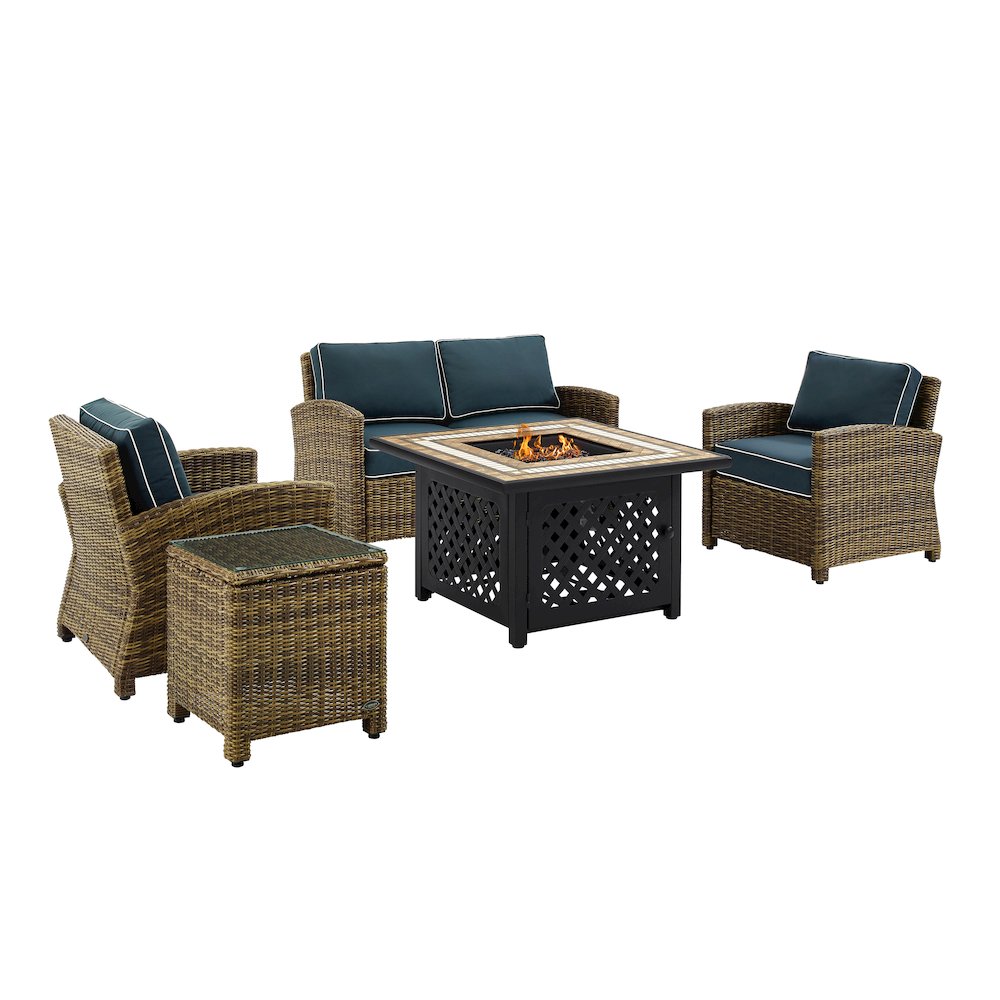 5Pc Outdoor Loveseat Set W/ Fire Table, Loveseat, Side Table, 2 Armchairs