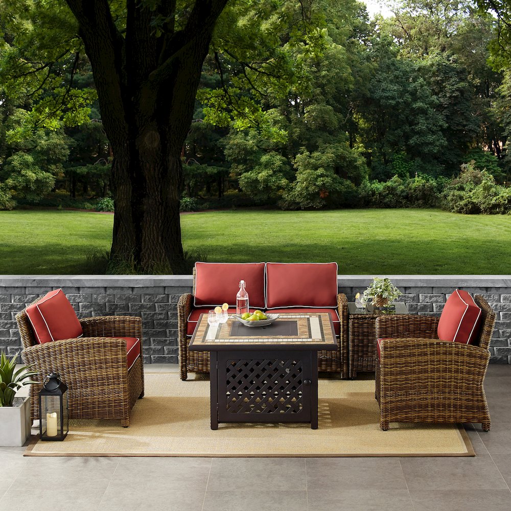 5Pc Outdoor Loveseat Set W/ Fire Table, Loveseat, Side Table, 2 Armchairs