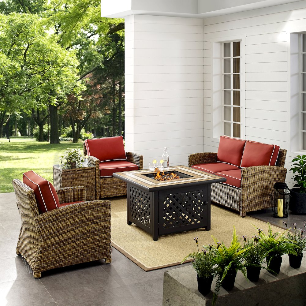 5Pc Outdoor Loveseat Set W/ Fire Table, Loveseat, Side Table, 2 Armchairs