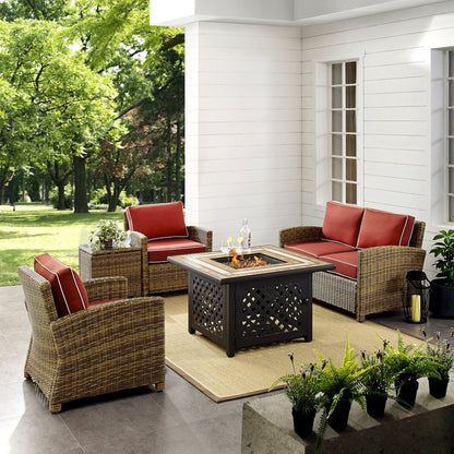 5Pc Outdoor Loveseat Set W/ Fire Table, Loveseat, Side Table, 2 Armchairs