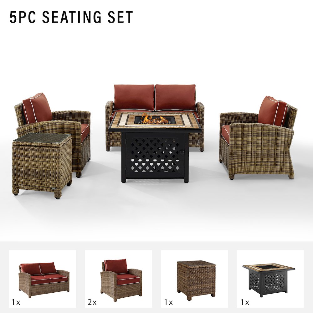 5Pc Outdoor Loveseat Set W/ Fire Table, Loveseat, Side Table, 2 Armchairs