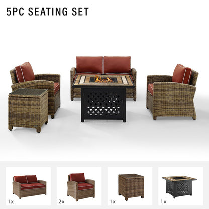 5Pc Outdoor Loveseat Set W/ Fire Table, Loveseat, Side Table, 2 Armchairs