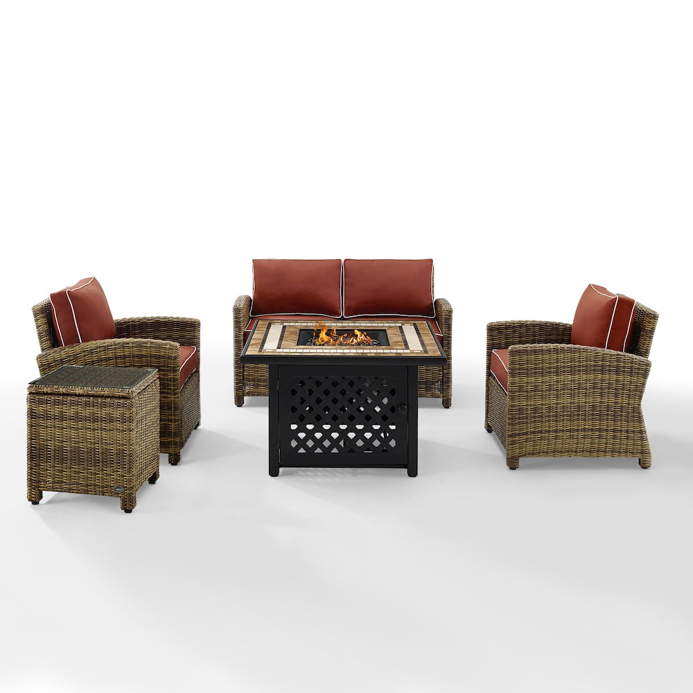 5Pc Outdoor Loveseat Set W/ Fire Table, Loveseat, Side Table, 2 Armchairs