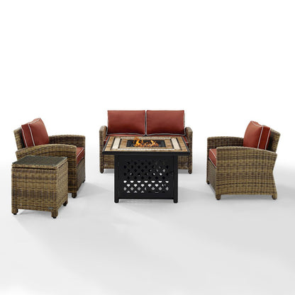 5Pc Outdoor Loveseat Set W/ Fire Table, Loveseat, Side Table, 2 Armchairs