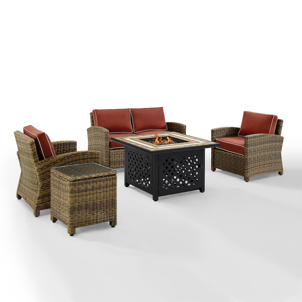 5Pc Outdoor Loveseat Set W/ Fire Table, Loveseat, Side Table, 2 Armchairs
