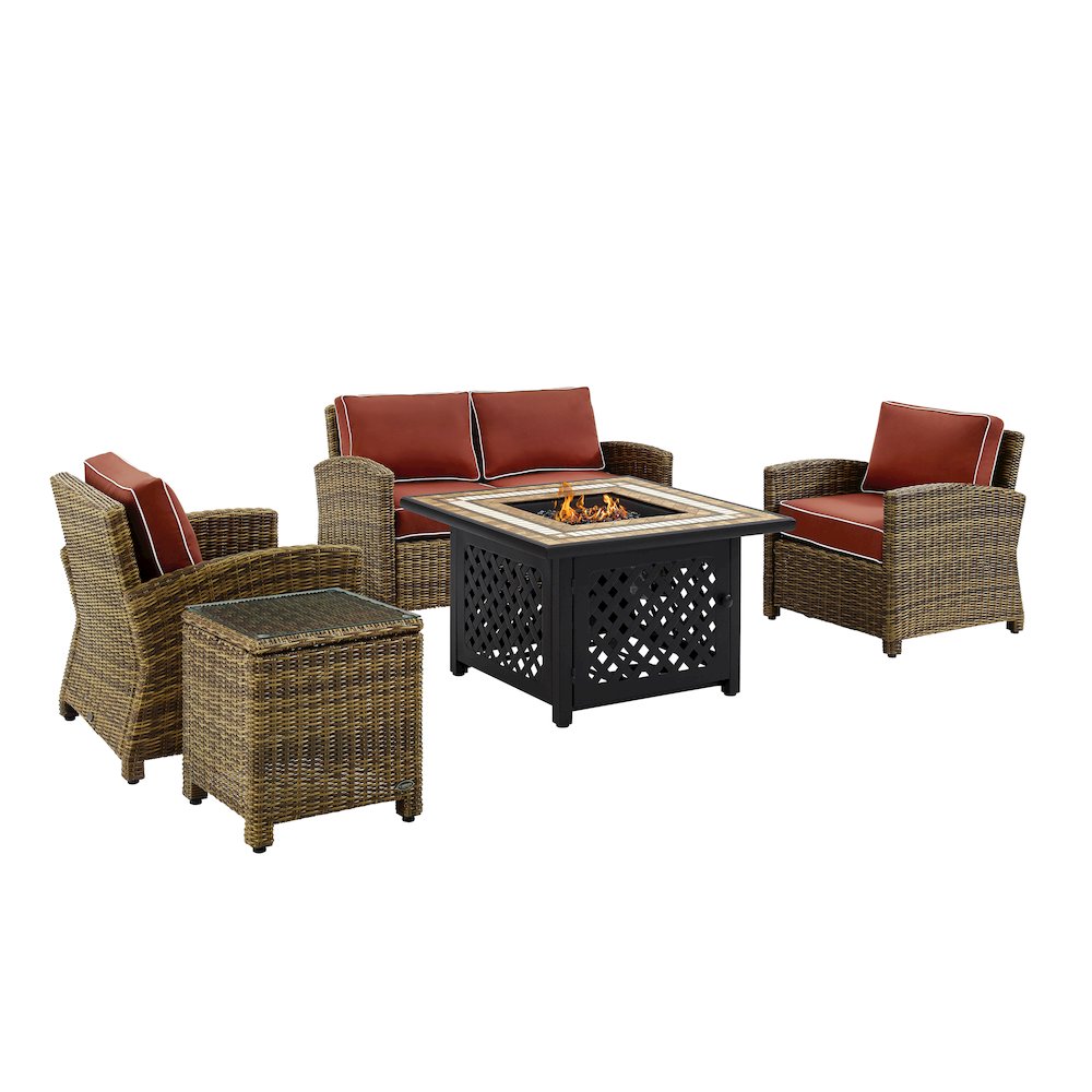 5Pc Outdoor Loveseat Set W/ Fire Table, Loveseat, Side Table, 2 Armchairs
