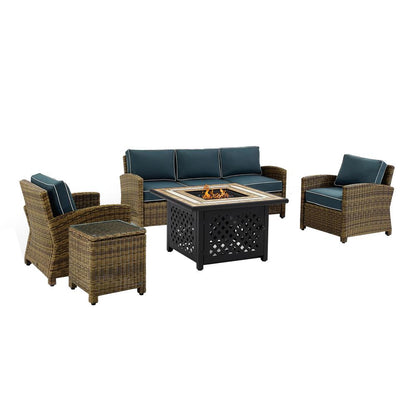 5Pc Outdoor Sofa Set W/ Fire Table, Sofa, Side Table, 2 Armchairs