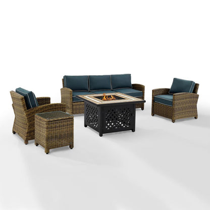 5Pc Outdoor Sofa Set W/ Fire Table, Sofa, Side Table, 2 Armchairs