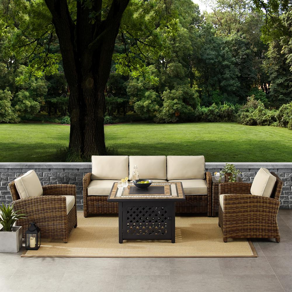 5Pc Outdoor Sofa Set W/ Fire Table, Sofa, Side Table, 2 Armchairs