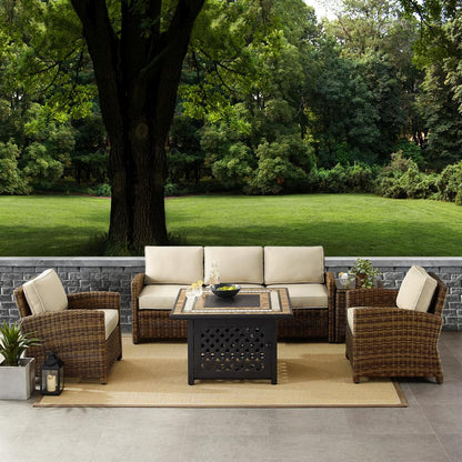 5Pc Outdoor Sofa Set W/ Fire Table, Sofa, Side Table, 2 Armchairs