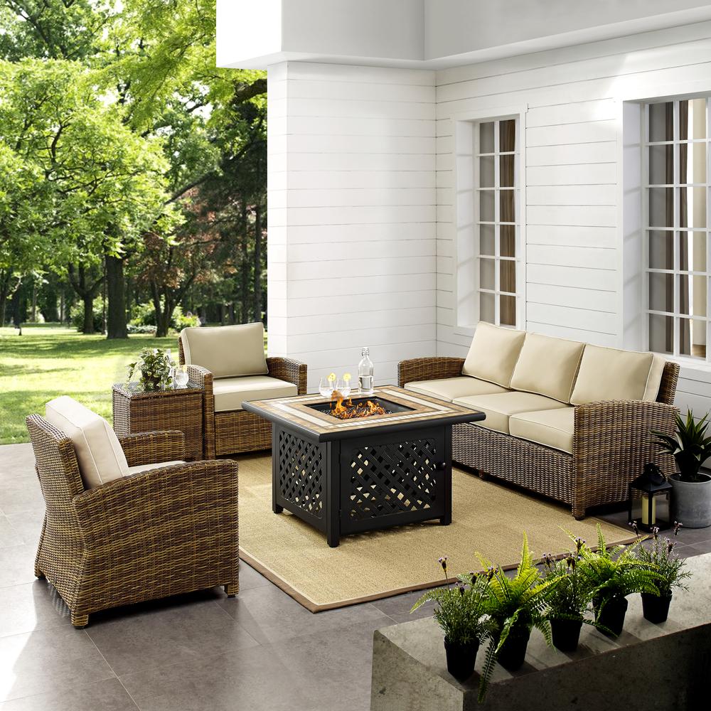 5Pc Outdoor Sofa Set W/ Fire Table, Sofa, Side Table, 2 Armchairs
